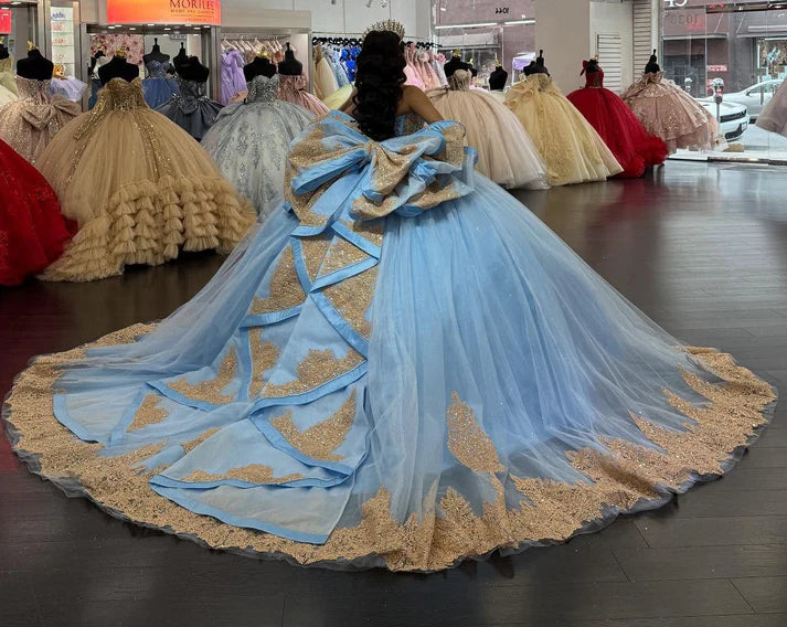 Elegant Sky Blue Sweetheart Sequins Embroidery Strapless Quinceanera Ball Gown TP5252