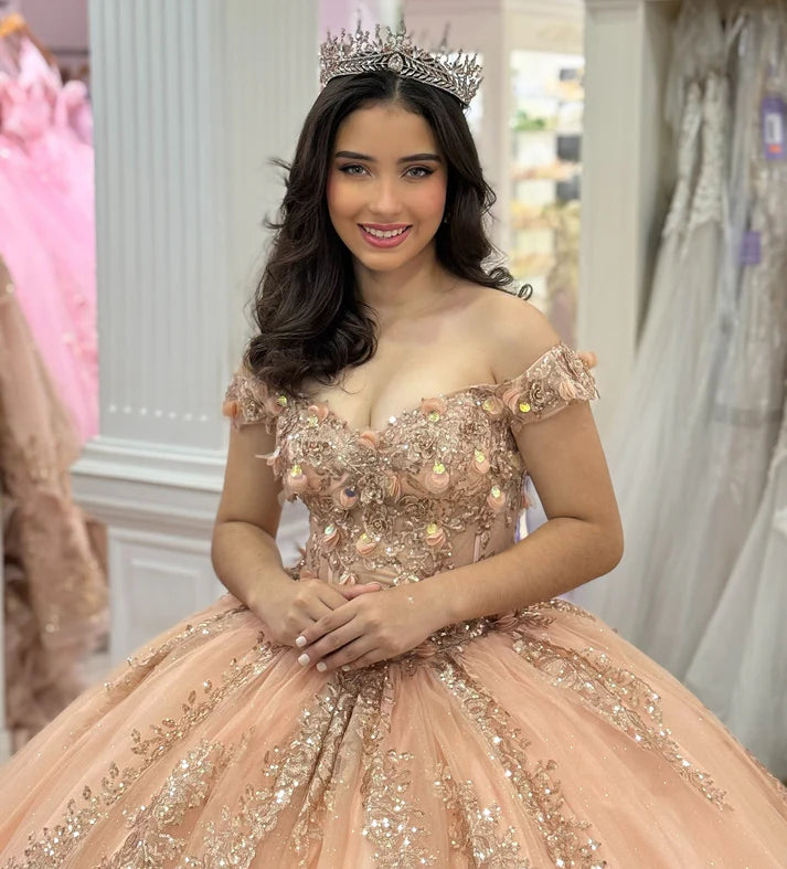Elegant Champagne Beaded Sequined Shimmering Tulle Off-Shoulder Quinceanera Ball Gown TP5235