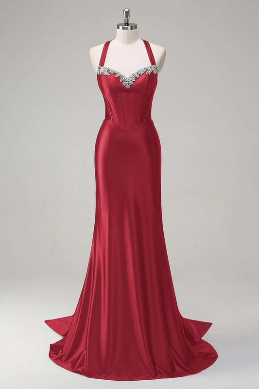 Vintage Satin Beaded Evening Gown Sheath Sweetheart Party Dress Long Formal Dress TP4977