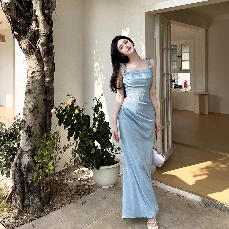 Vintage Shiny Light Blue Spaghetti Strap Mermaid Long Summer Dresses Prom Dress Evening Dress TP4359