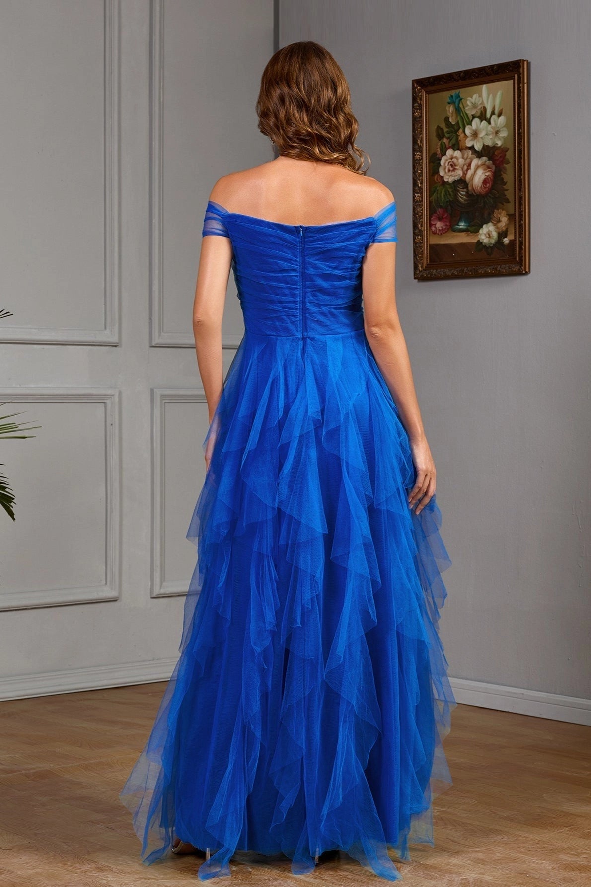 Elegant Off-Shoulder Royal Blue Tulle Prom Dress Sweetheart Tiered Ruffle A-Line Formal Evening Gown TP5751