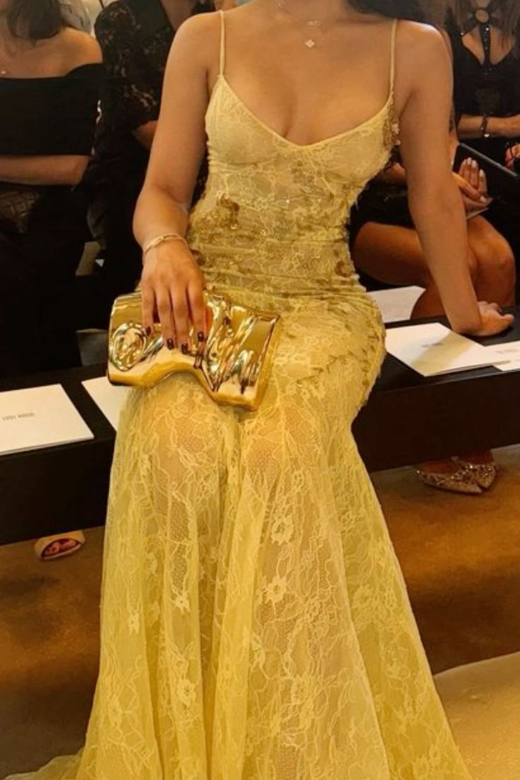 Vintage Light Yellow Lace Sequin Evening Gown Sheath Spaghetti Strap Party Dress Long Formal Dress TP4978