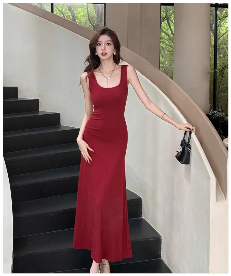 Simple Elegant Square Collar Design A-Line Sleeveless Strap Dress TP3140