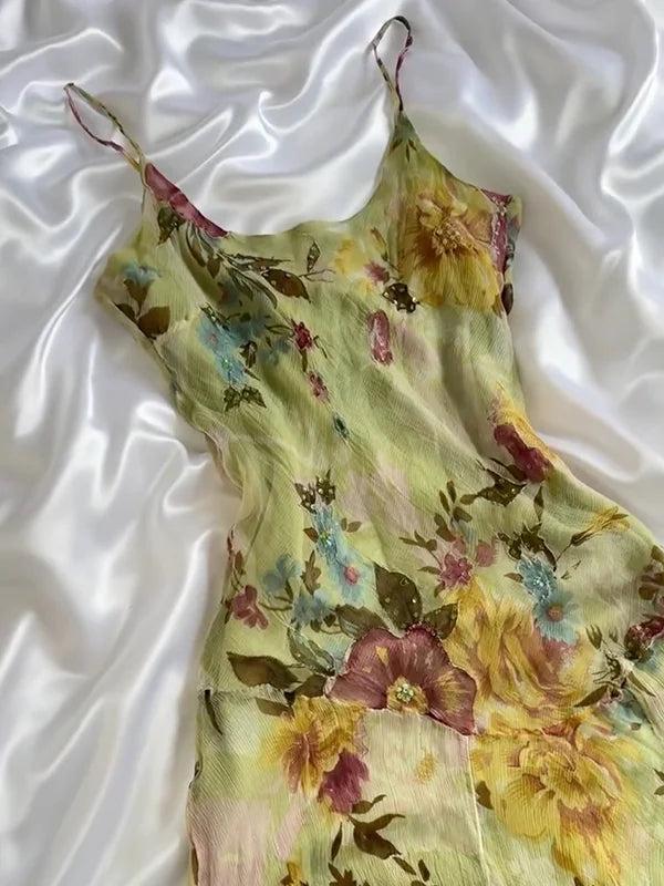 Vintage Floral Chiffon Spaghetti Strap Homecoming Dress Party Dress Cocktail Dress TP4682