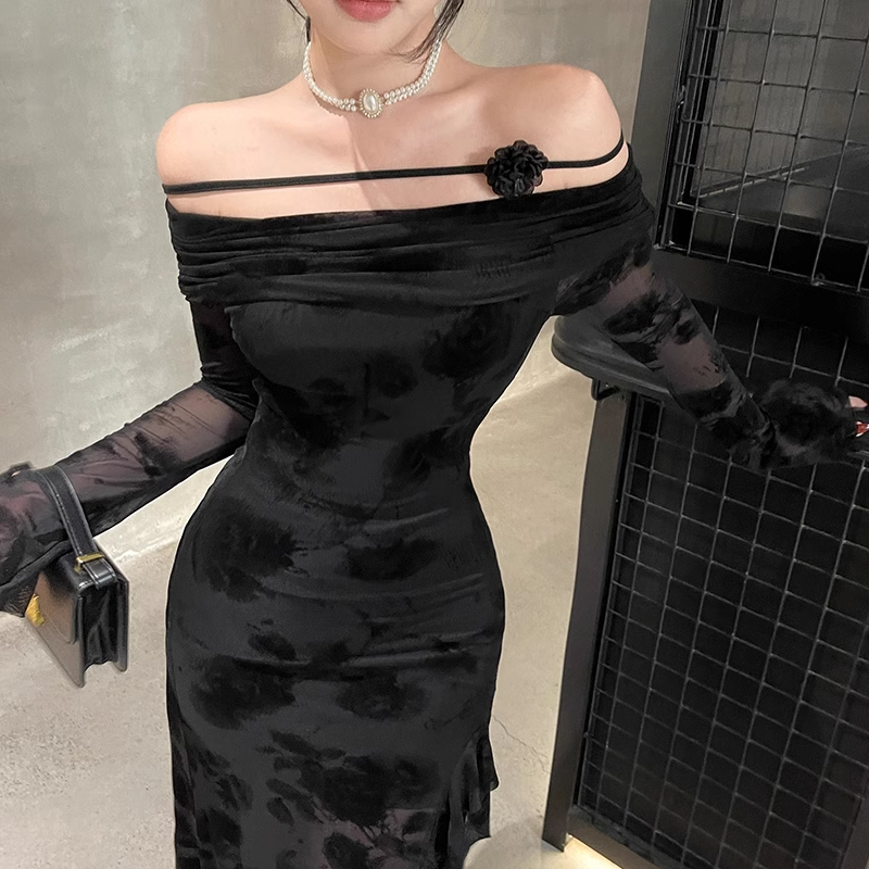 Elegant Black Party Slim-fit Split Dress One-shoulder Long-sleeved Dress TP2900