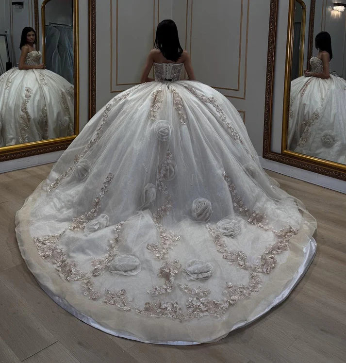 Elegant Sweetheart Sequins 3D Floral Applique Off-Shoulder Quinceanera Ball Gown TP5245