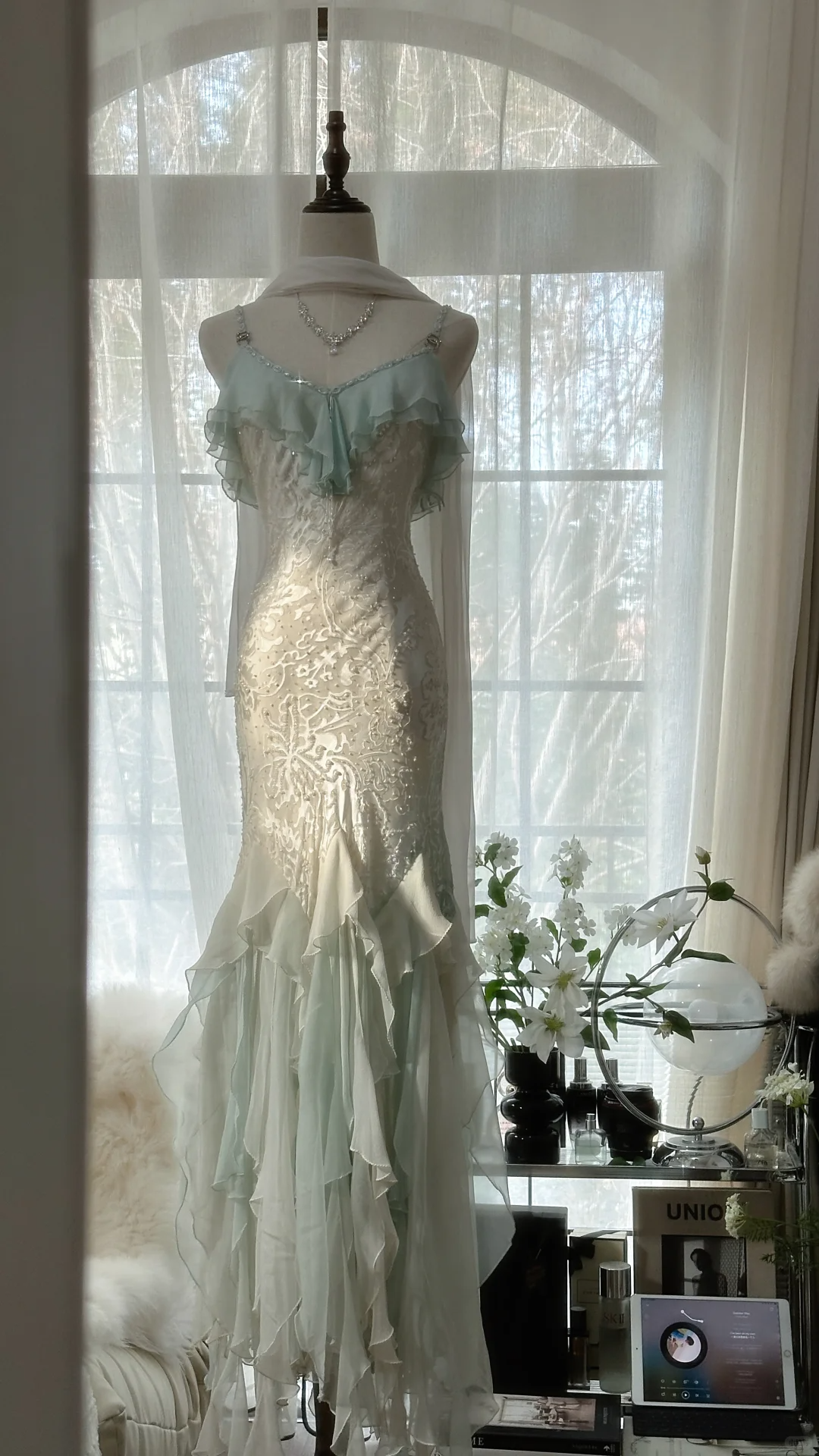 Elegant Mermaid Sparkling Beaded Spaghetti Strap Romantic Chiffon Evening Dress Prom Dresses TP3981