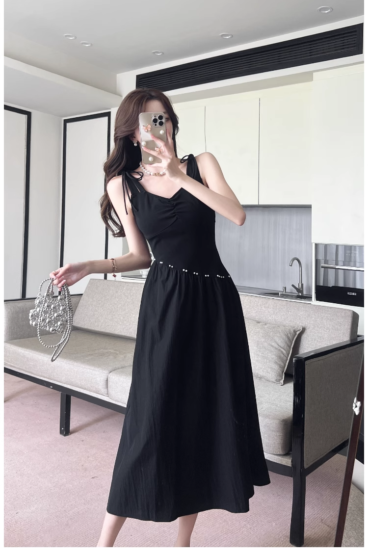 Simple Fashion Black Sleeveless Waist-cinching Design A-line Vest Dress TP3380