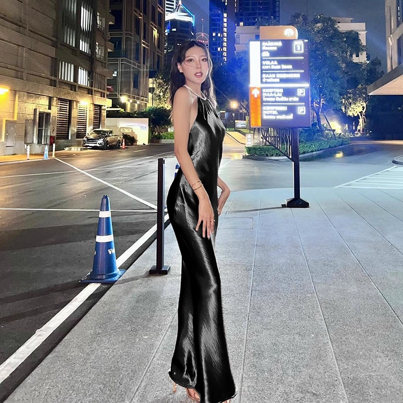 Elegant Shiny Satin Prom Dress Halter-neck Evening Gown Sheath Party Dress Long Formal Dress TP4843