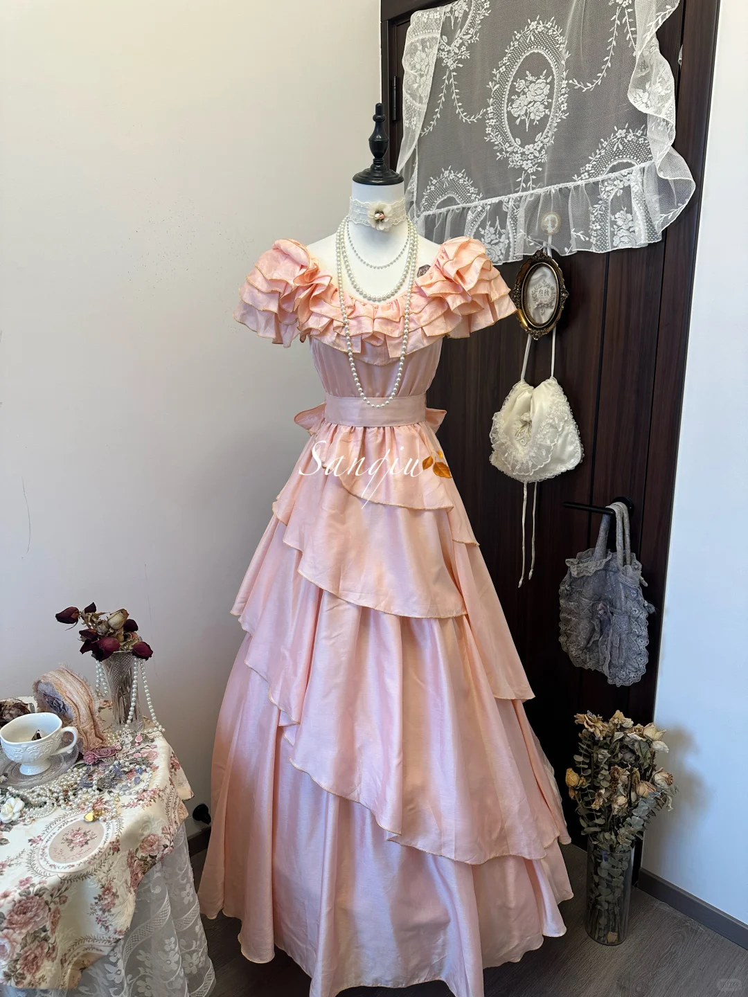 Vintage Pink Chiffon Evening Dress A-Line Ruffled Tiered Long Prom Dress TP4990