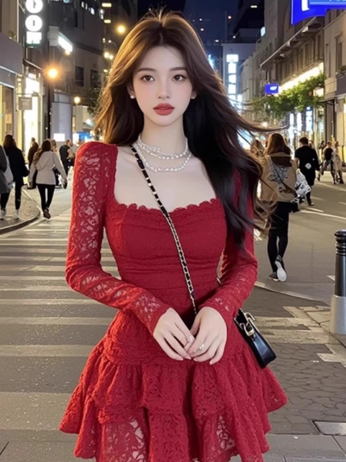 Vintage Burgundy Lace Long-sleeve A-Line Tiered Homecoming Dress Party Dress Cocktail Dress TP4723