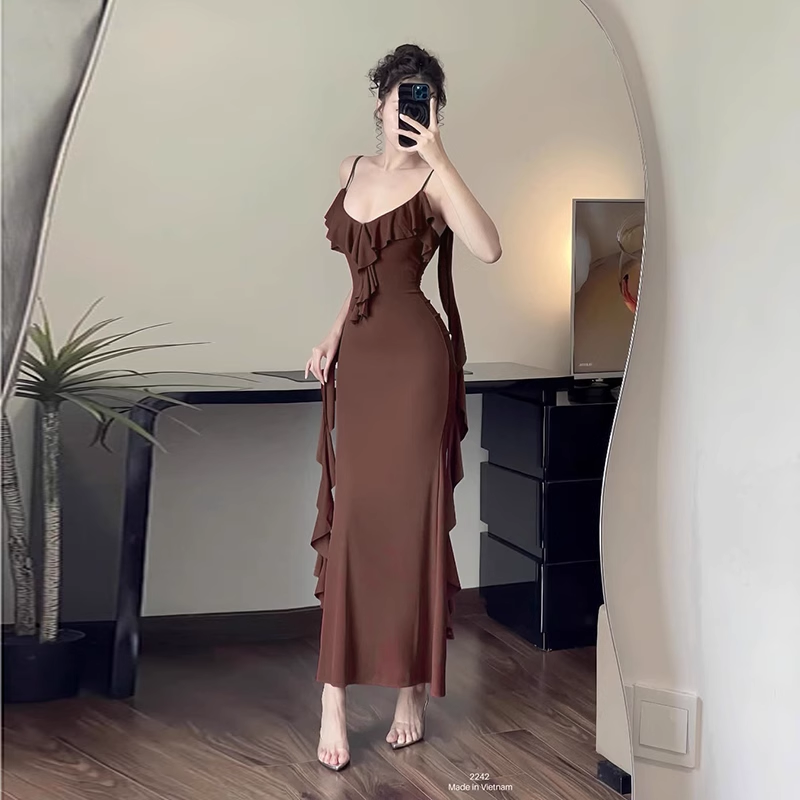 New Simple Fashion Black Brown Slim-fit Spaghetti Strap Dress TP2895