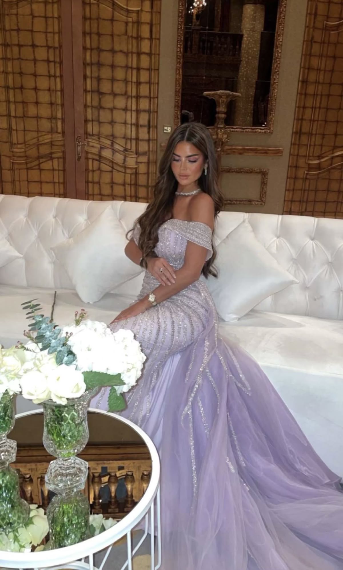 Vintage Lilac Sequin Evening Dress Sheath Off-the-shoulder Long Prom Dress TP5055