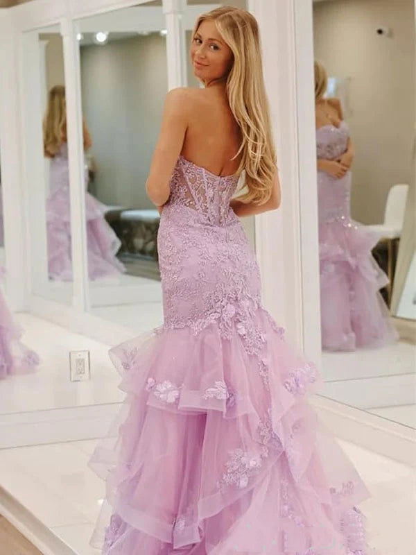 Glamorous Lavender Strapless 3D Floral Mermaid Prom Dress Evening Gown TP5729