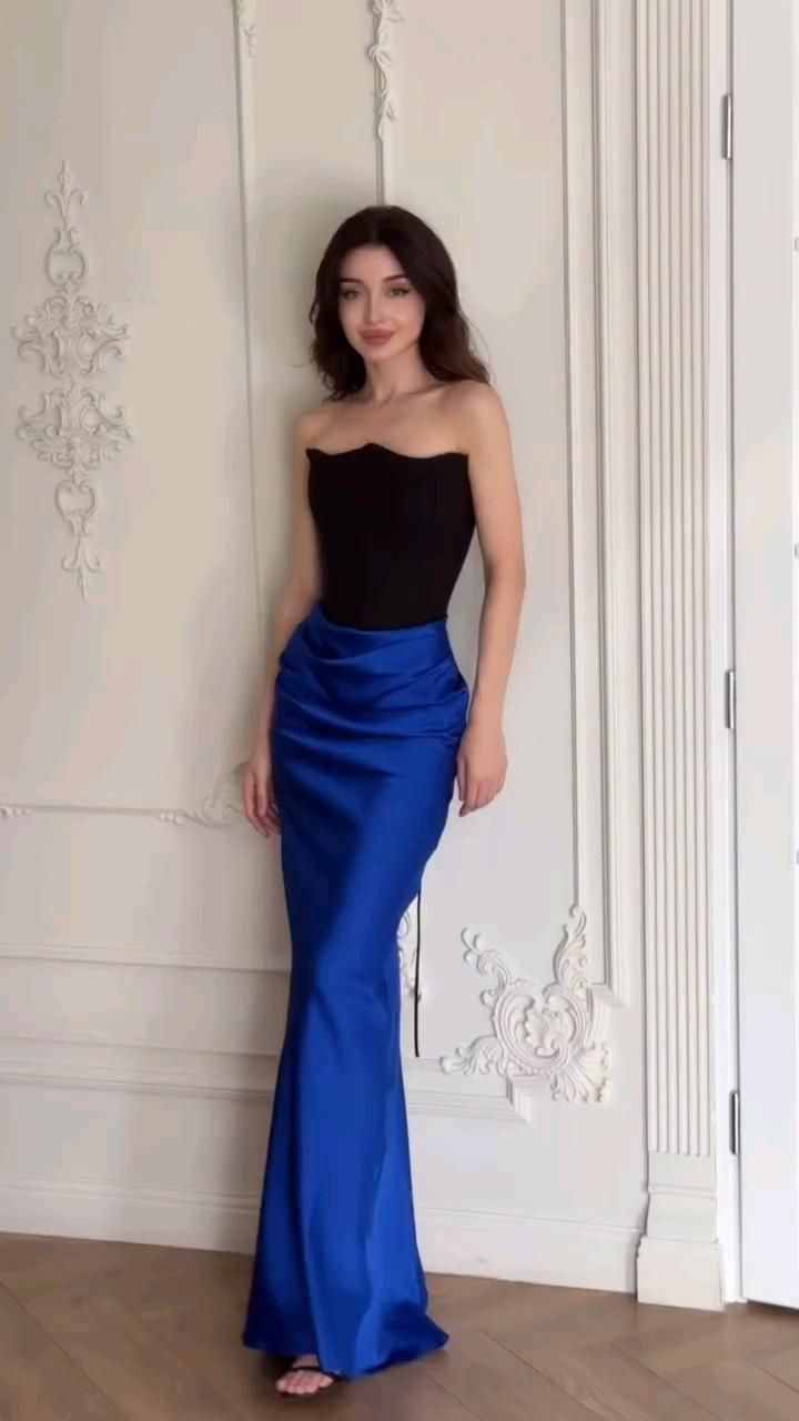Elegant Mermaid Blue Off-the-shoulder Strapless Satin Long Ball Gown TP1751