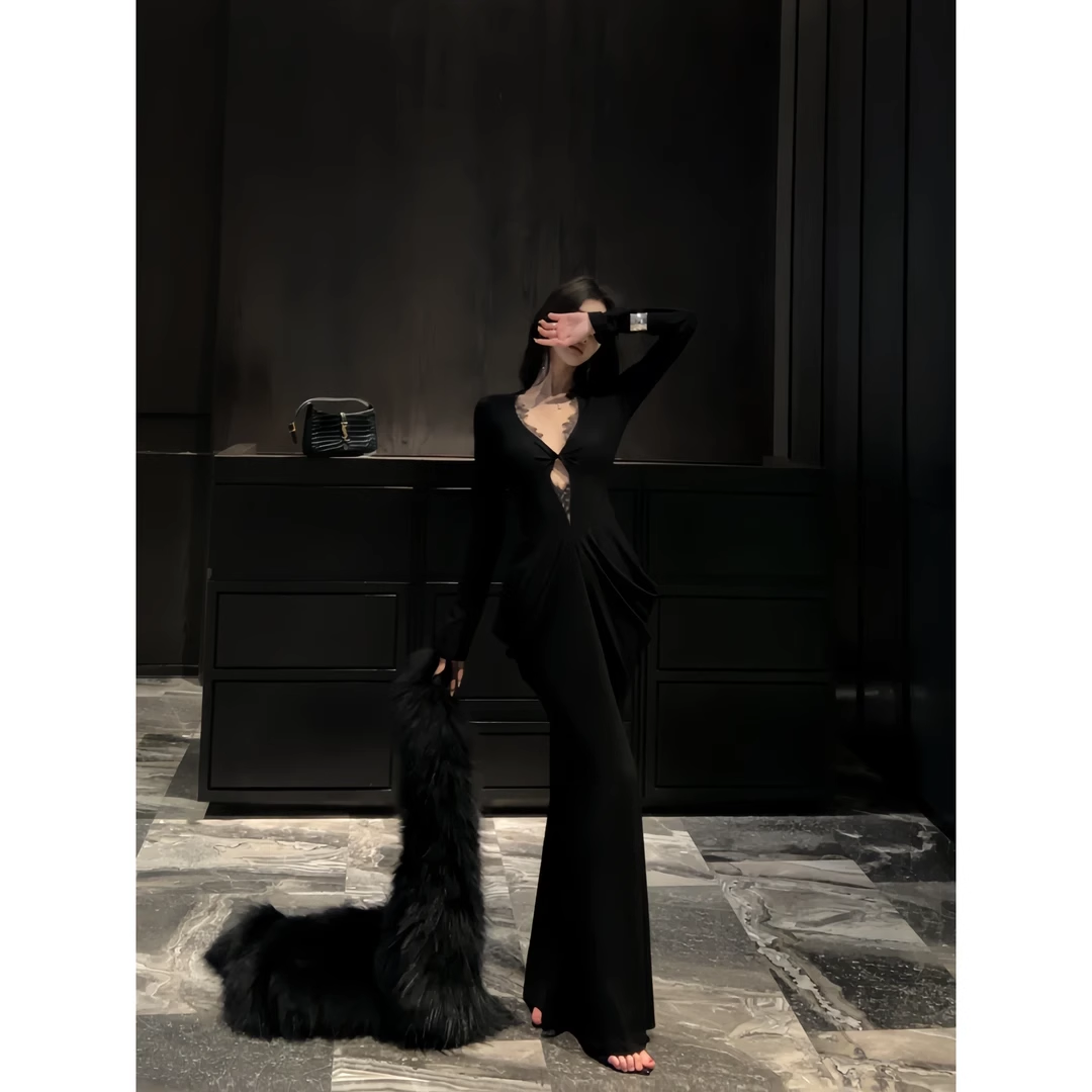 New Sexy V-neck Black Mermaid Long-sleeved Dress TP2898