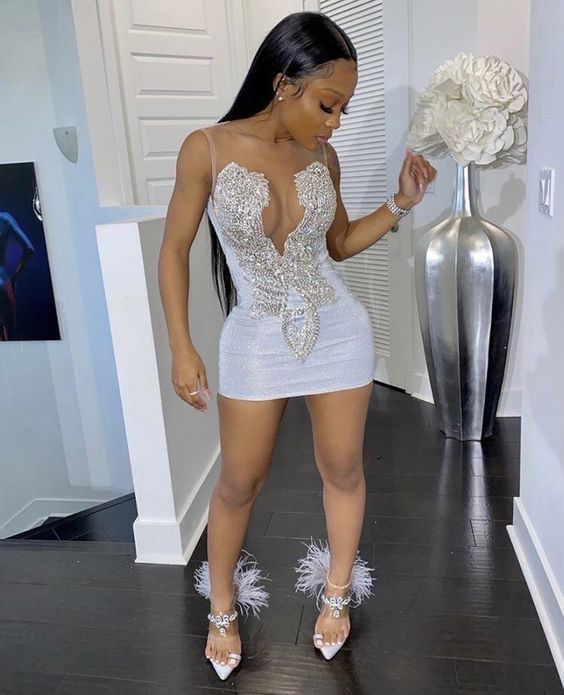 Enchanting White Shiny Beaded Bodycon Short Party Dress Cocktail Dress Homecoming Dress TP4453