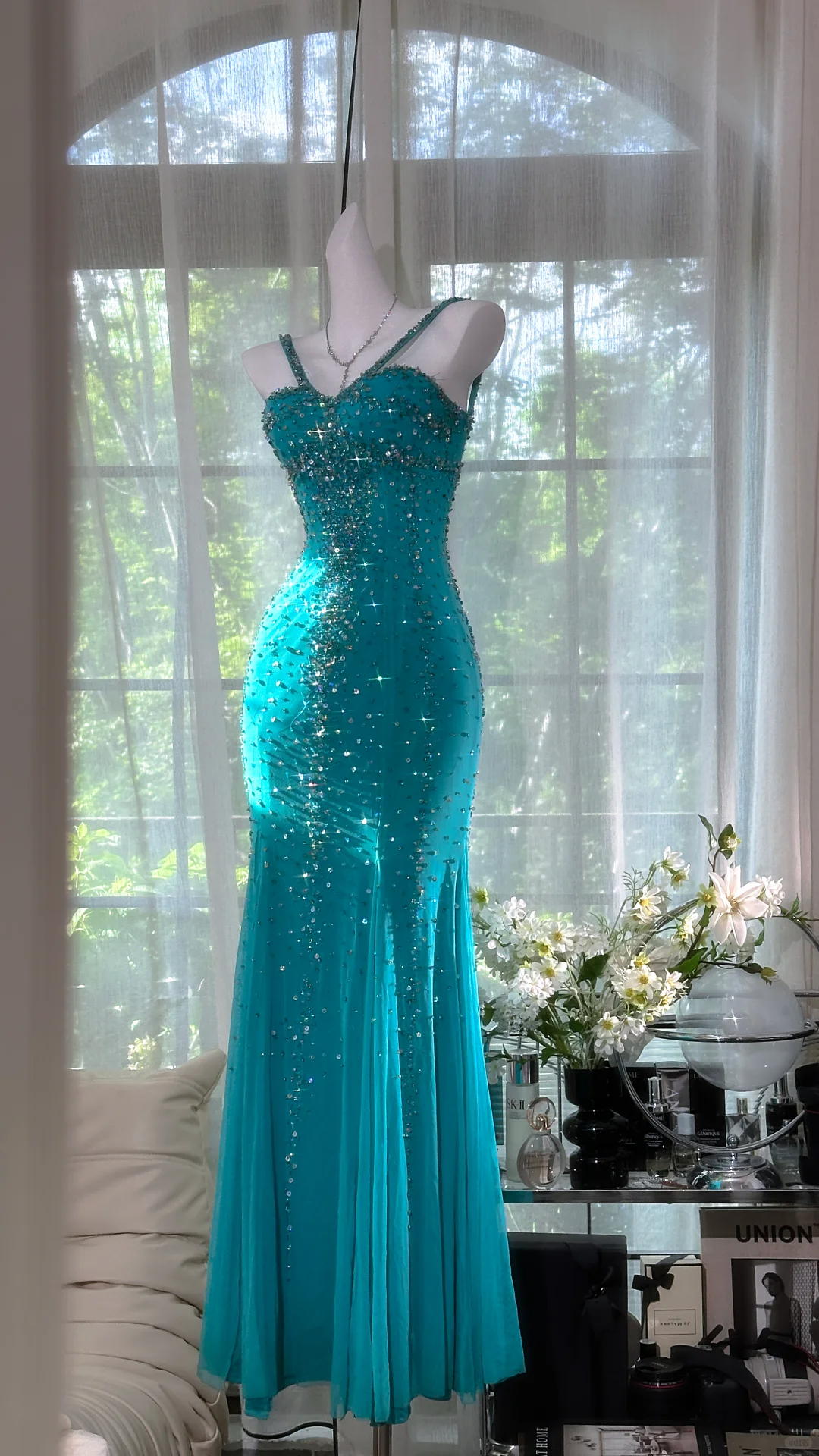 Vintage Blue Mermaid Long Prom Dress Shiny Beaded Chiffon Spaghetti Strap Formal Dress TP4554