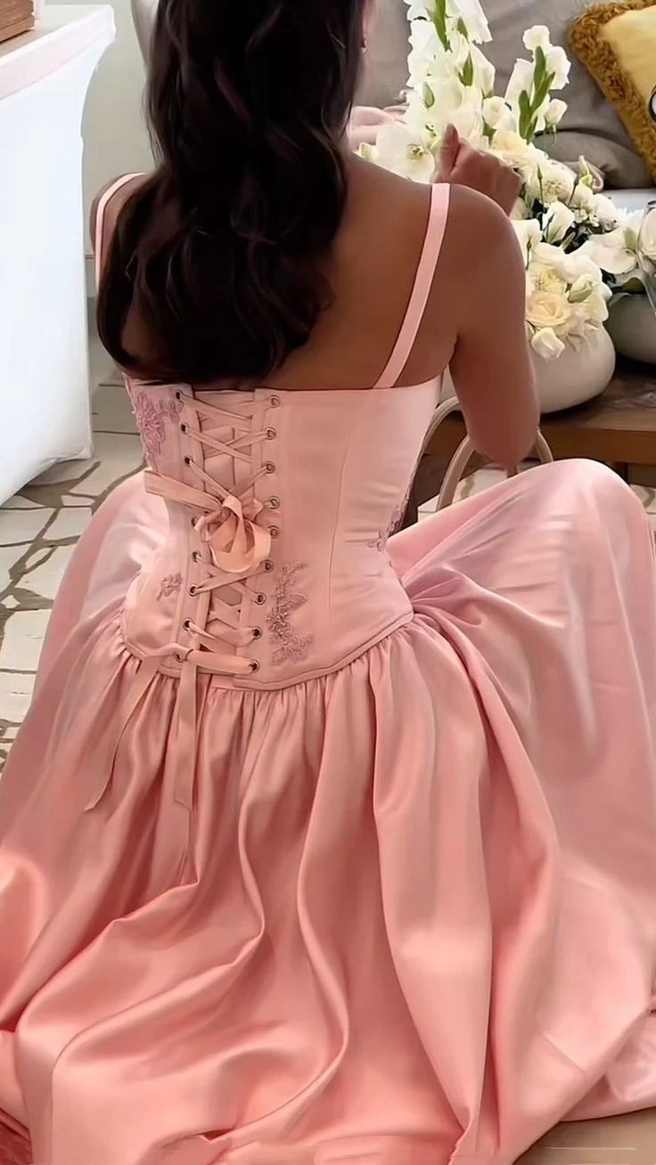 Beautiful Pink Spaghetti Strap Sweetheart A-Line Satin Party Dress Bridesmaid Dress TP4291