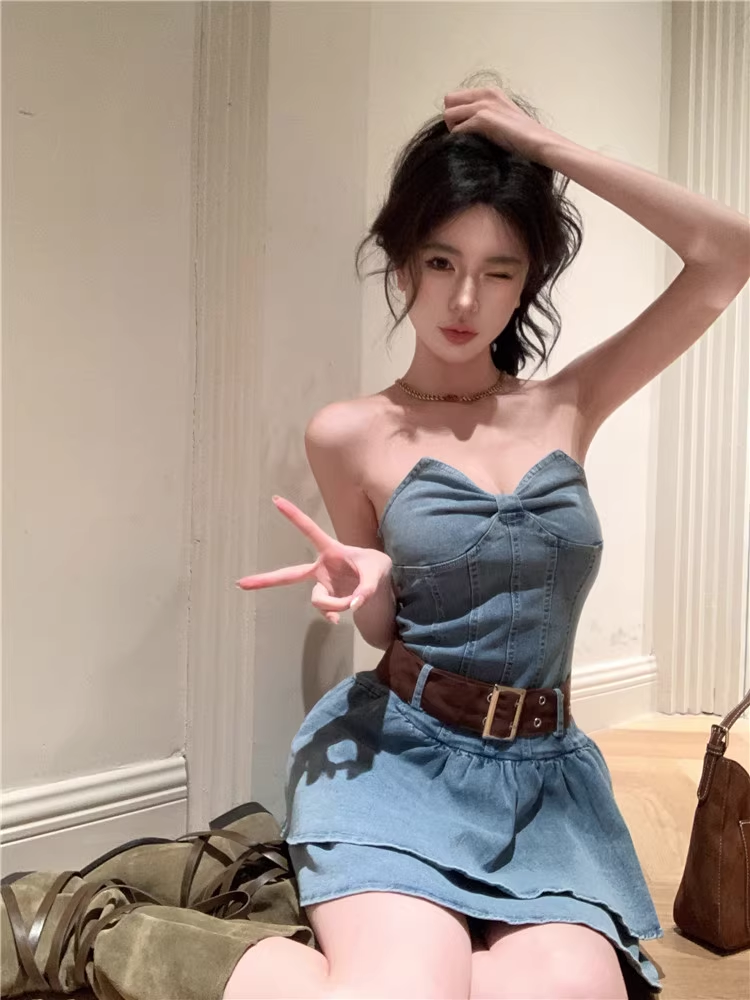 Cute Bow Design A-Line Strapless Denim Short Dress TP3161