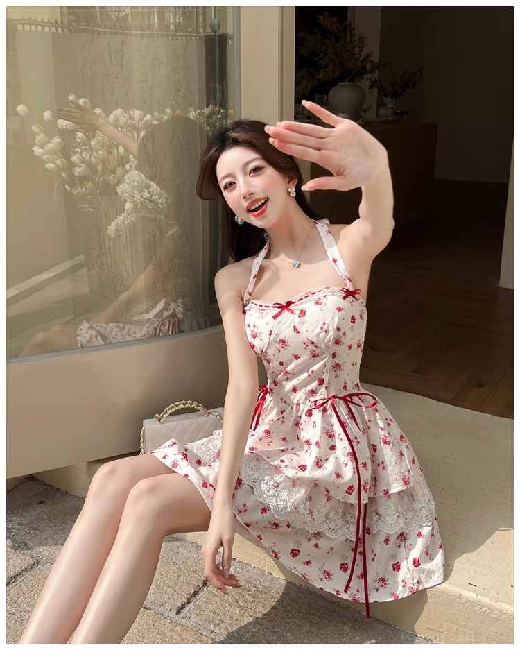 New Fashion Red Floral Print Bow Design A-line Halter Dress TP3342