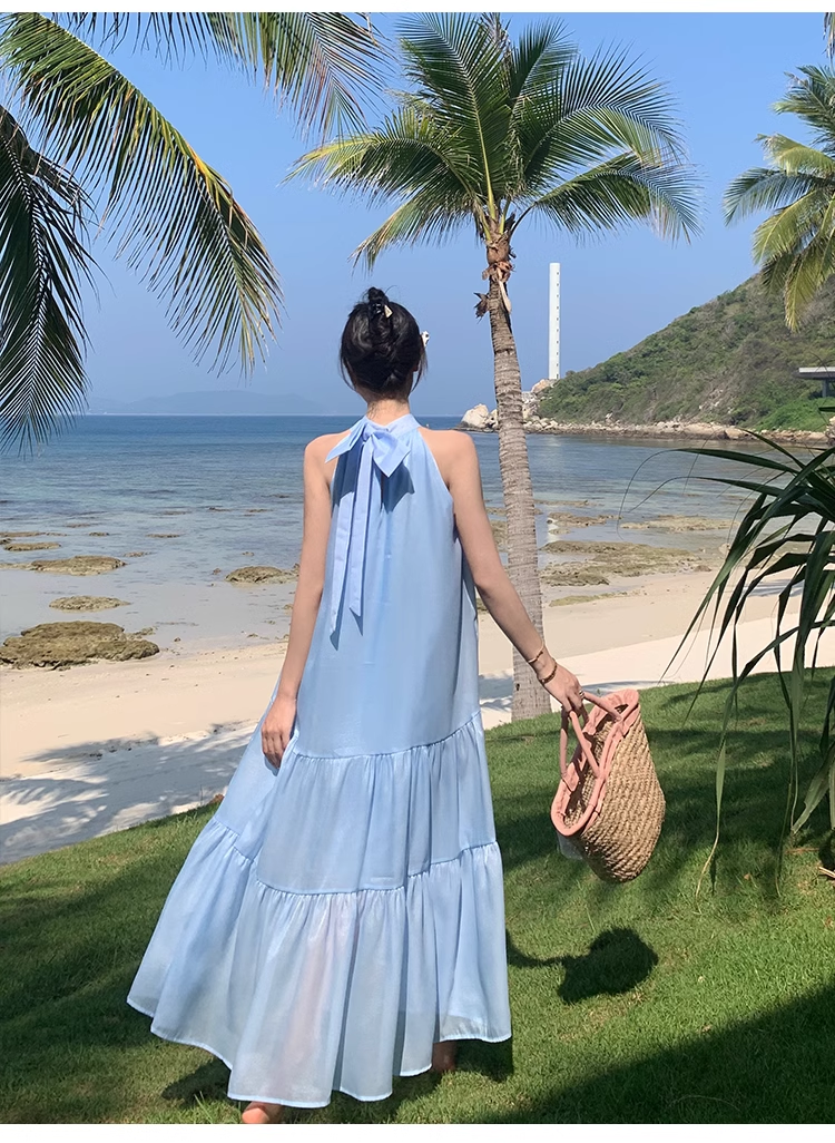 Simple Elegant Blue Design Beach Holiday Halter Dress TP3070