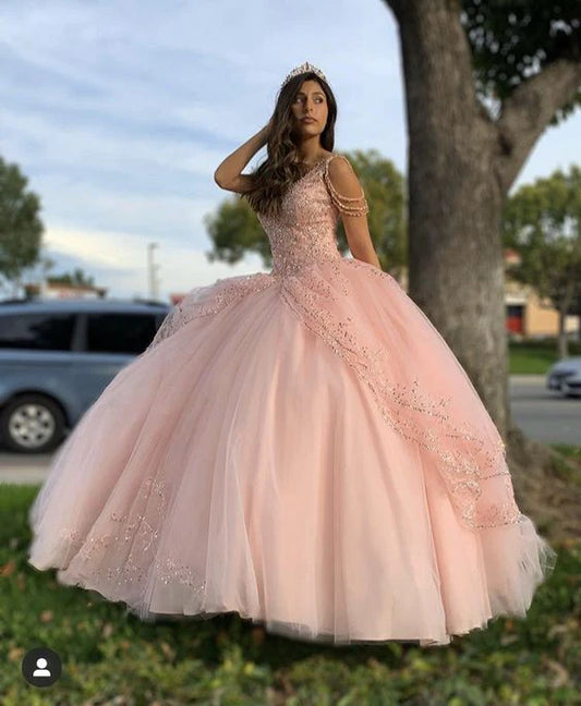 Elegant Pink Beaded Sweet 16 Quinceanera A-Line Tulle Floor-length Prom Dress Birthday Dress Evening Dress Ball Gown TP4410