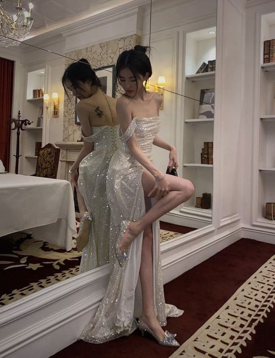 Vintage Shiny Off-the-shoulder Long Prom Dress Sheath High Slit Formal Dress TP4600