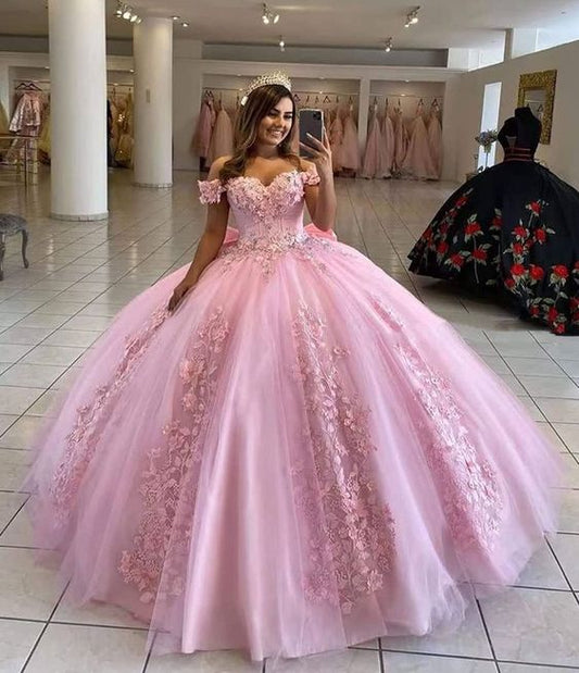 Gorgeous Pink Applique Sweetheart Off-the-shoulder Sweet 16 Quinceanera A-Line Floor-length Prom Dress Birthday Dress Evening Dress Ball Gown TP4538