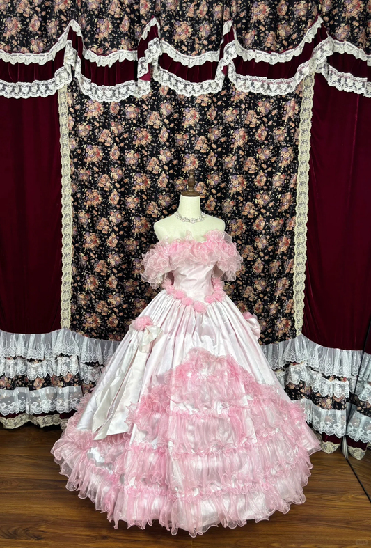 Vintage Pink Satin Tulle 3D Flowers Off-the-shoulder Sweet 16 Quinceanera A-Line Evening Dress Ball Gown TP4264