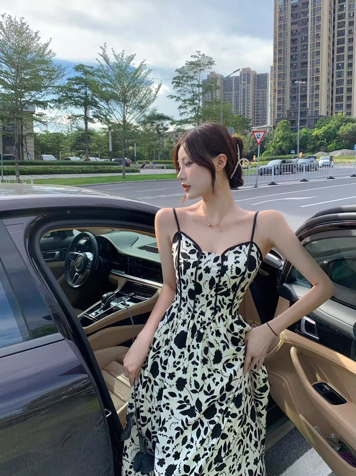 New Fashion Stylish Floral High-waisted Spaghetti Strap Dress TP2989