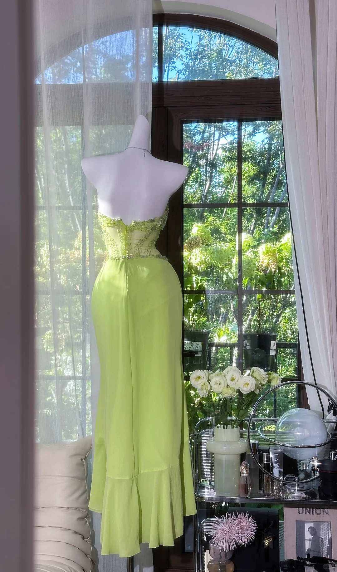 Vintage Lime Green Strapless Sweetheart Mermaid Prom Dress Beaded Ruffle Chiffon Evening Gown with Asymmetrical Hem TP5741