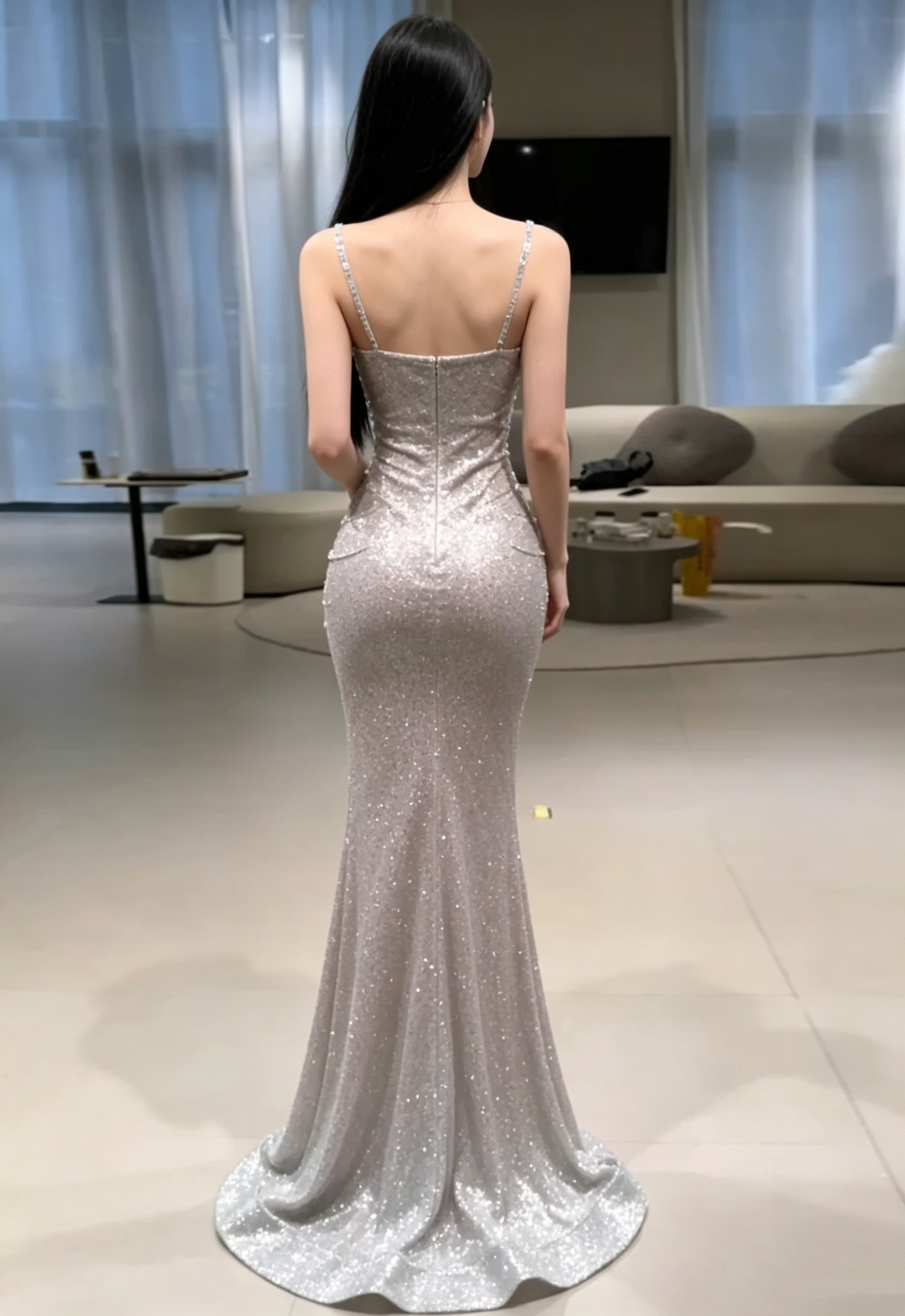 Romantic Silver Sequin Mermaid Spaghetti Straps Square Neck Draped Ruched Evening Gown TP6120