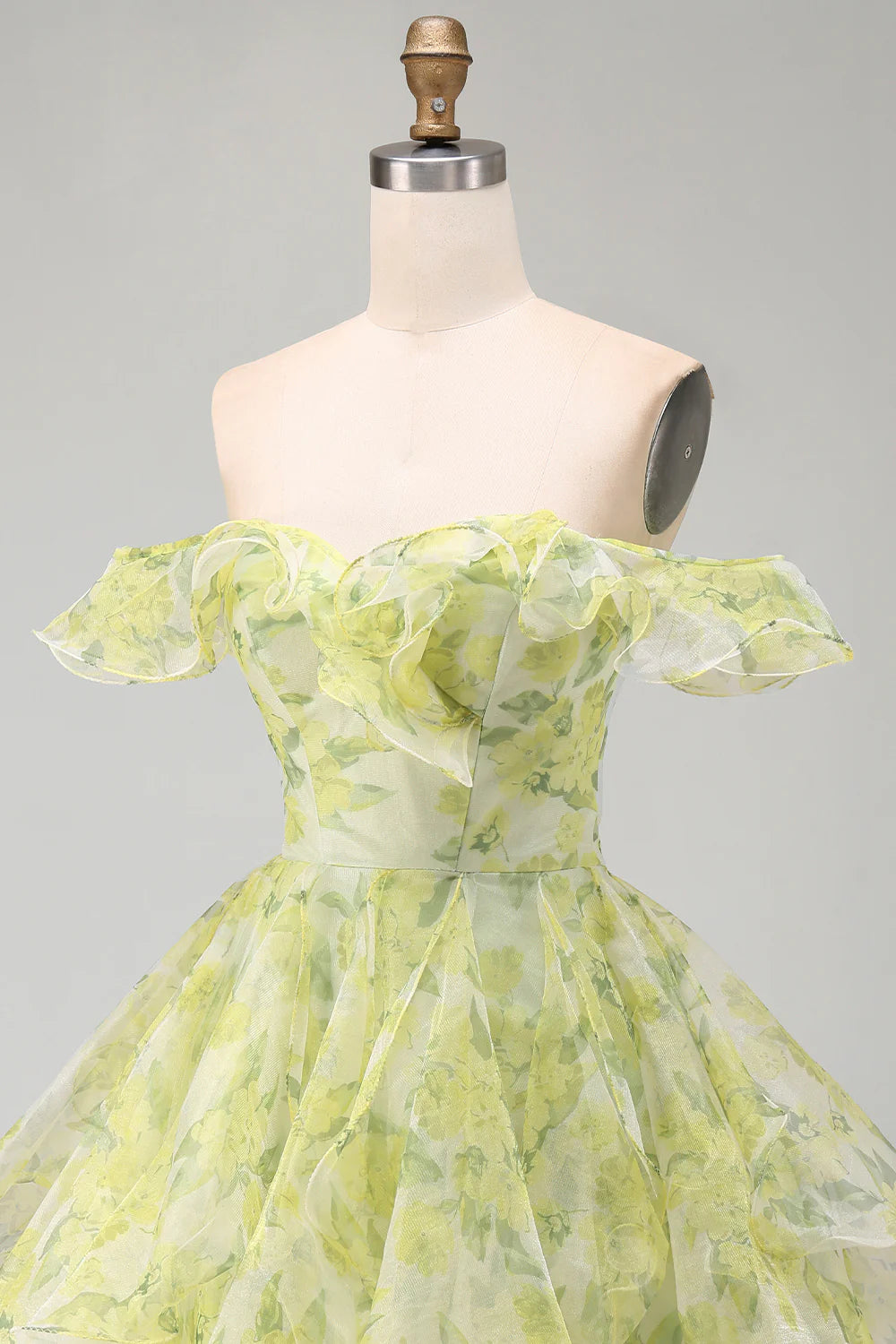 Vintage Off-the-Shoulder Ruffle Light Green Floral Organza Layered A-Line Homecoming Dress TP6021