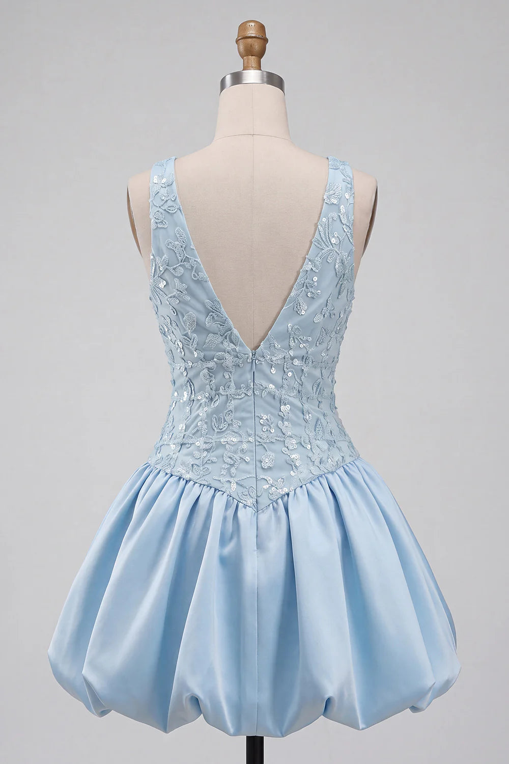 Elegant Light Blue Halter V-Neck Sequin Lace Corset Bubble Satin Mini A-Line Homecoming Dress TP6041