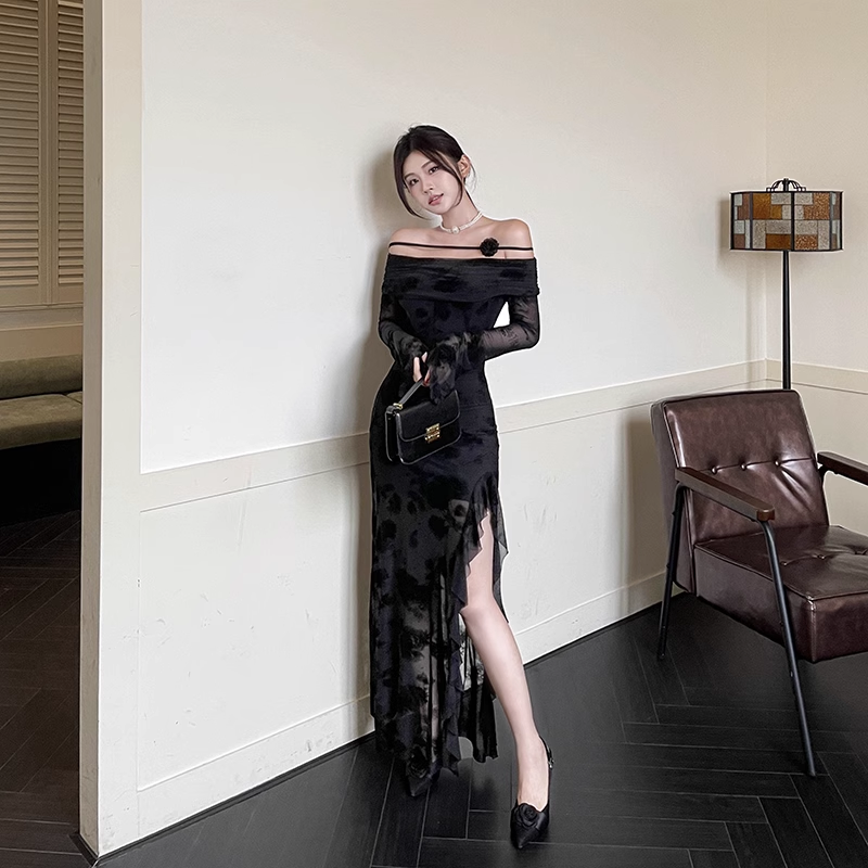 Elegant Black Party Slim-fit Split Dress One-shoulder Long-sleeved Dress TP2900