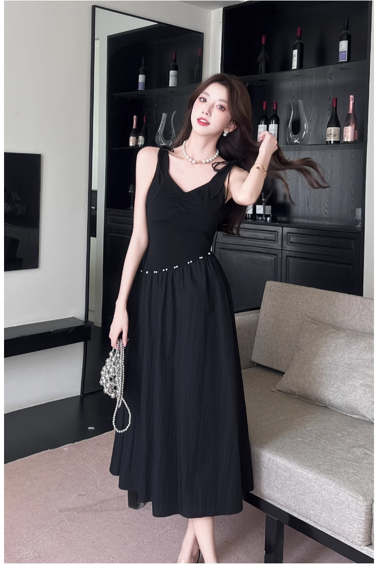 Simple Fashion Black Sleeveless Waist-cinching Design A-line Vest Dress TP3380