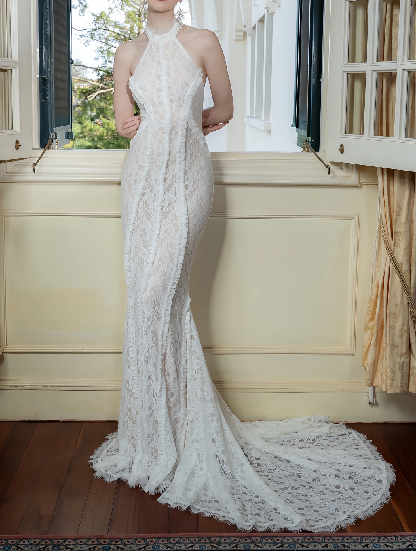 Elegant Lace Mermaid Evening Gown Halter-neck Party Dress Lace-up Long Formal Dress TP4929