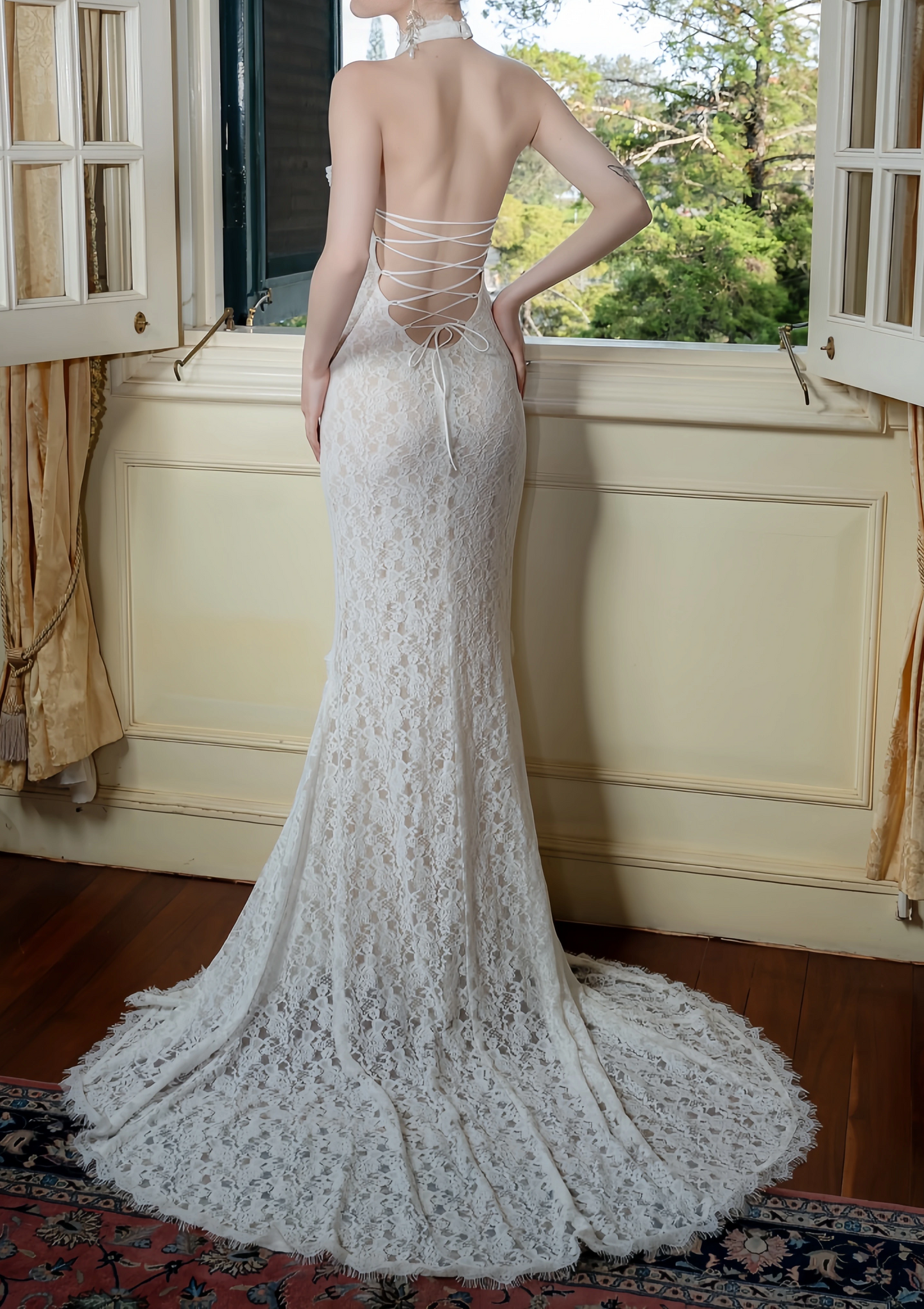 Elegant Lace Mermaid Evening Gown Halter-neck Party Dress Lace-up Long Formal Dress TP4929