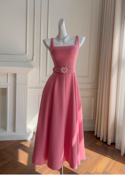 Vintage Hot Pink A-Line Evening Dress Sash Tea Length Prom Dress TP4992