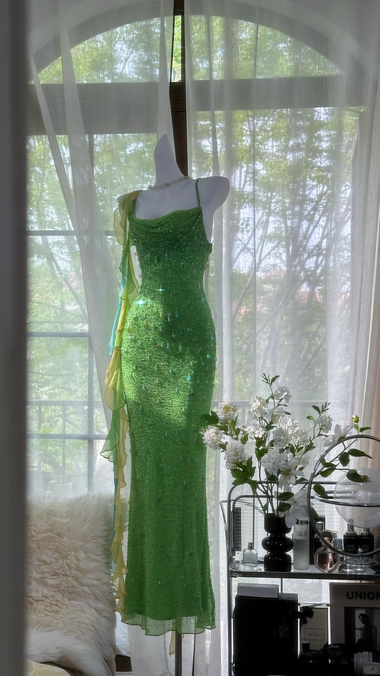 Vintage Shiny Sequin Green Spaghetti Strap Design A-line Romantic Chiffon Evening Dress Prom Dress TP4007