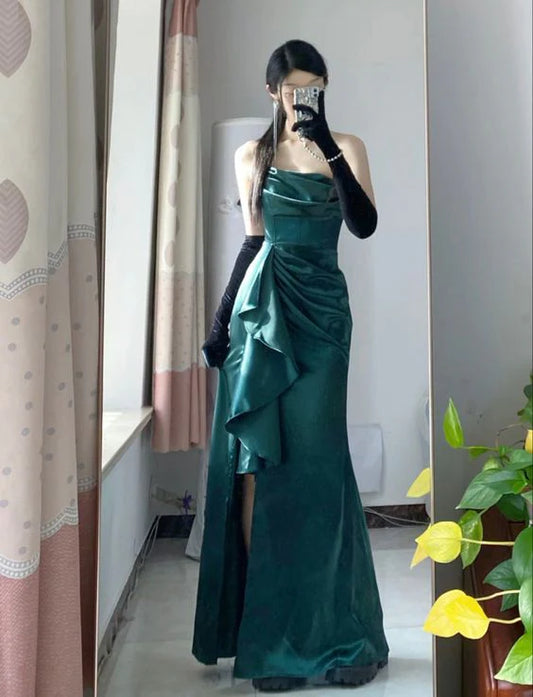 Elegant Dark Green Strapless Ruffle High Slit Mermaid Long Prom Dress Party Dress Evening Dress TP4492