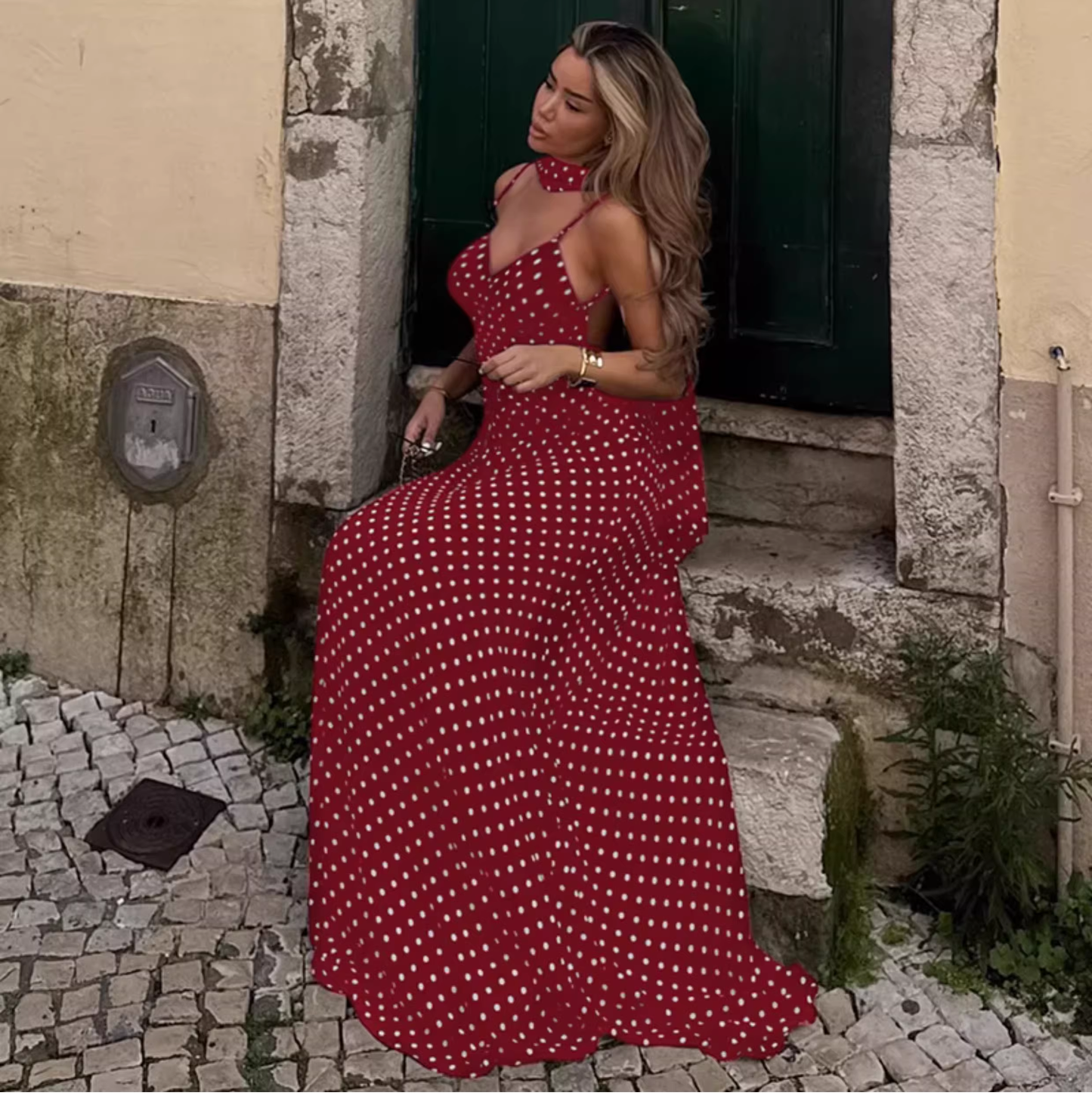 Vintage Polka Dot Spaghetti Strap Maxi Prom Dress with Neck Scarf TP5709