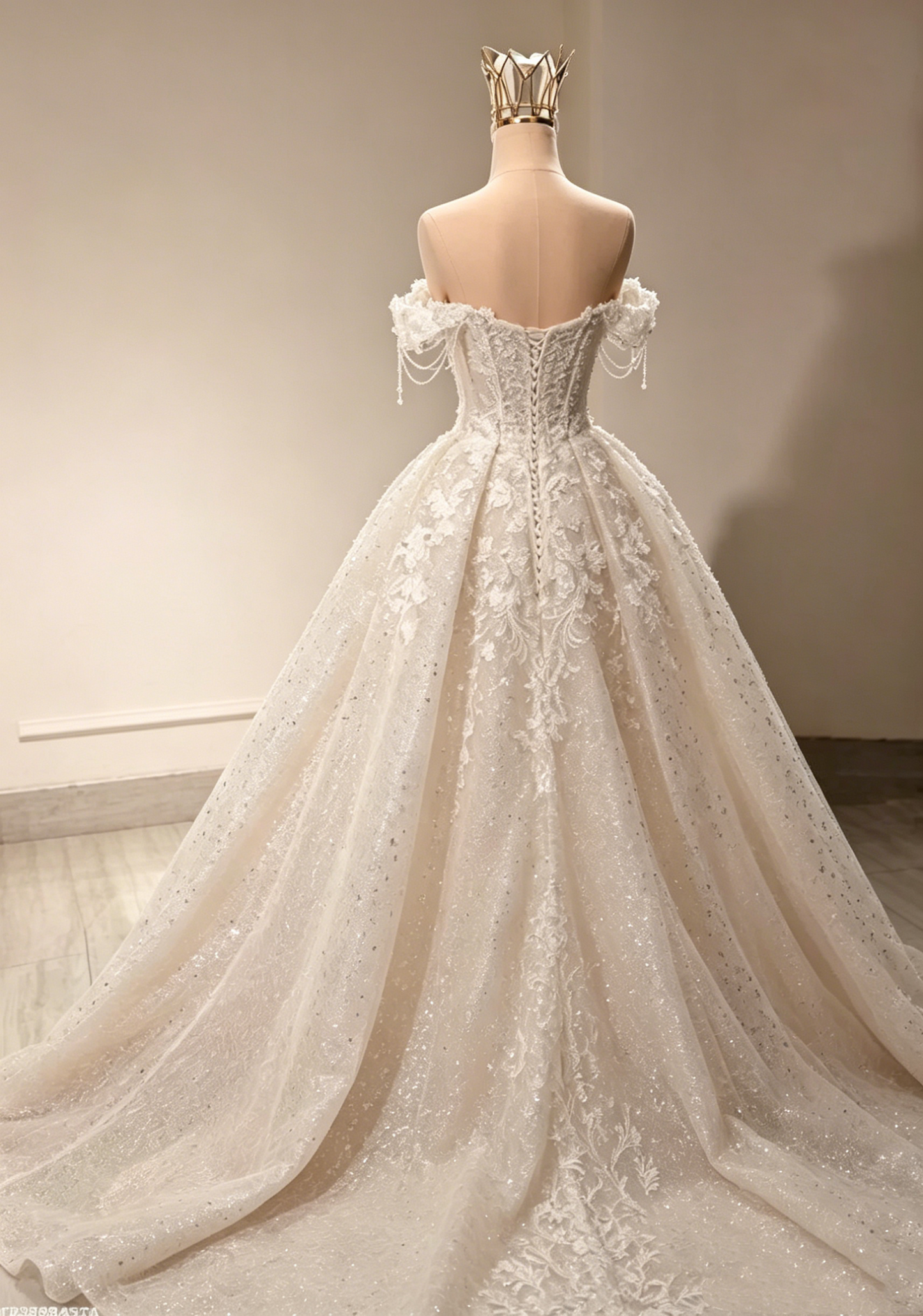 Elegant Off-the-Shoulder Beaded Sparkly Sequined Tulle Cathedral Train Wedding Dress TP5971