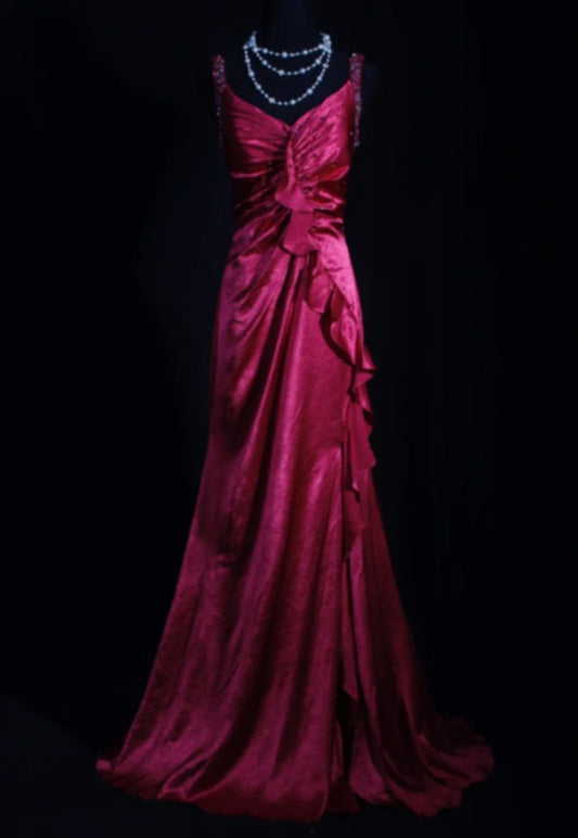 Vintage Fuchsia Satin Beaded Evening Gown Sheath Ruffled Party Dress Long Formal Dress TP4975