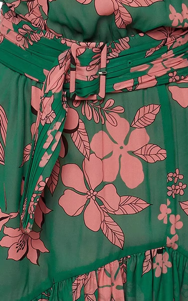 Fashion Green Floral Asymmetric Ruffled Hem Design A-line Party Dress TP3891