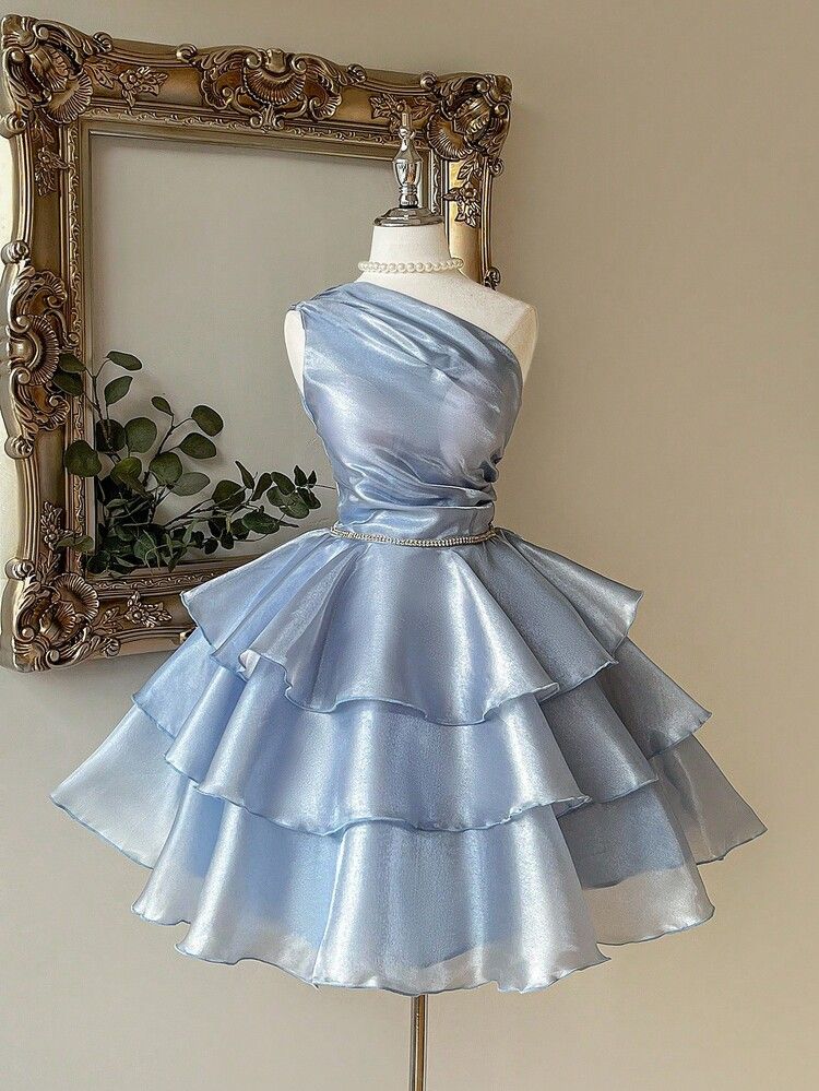 Vintage Light Blue One-Shoulder Ruffle Tiered A-Line Homecoming Dress TP5881