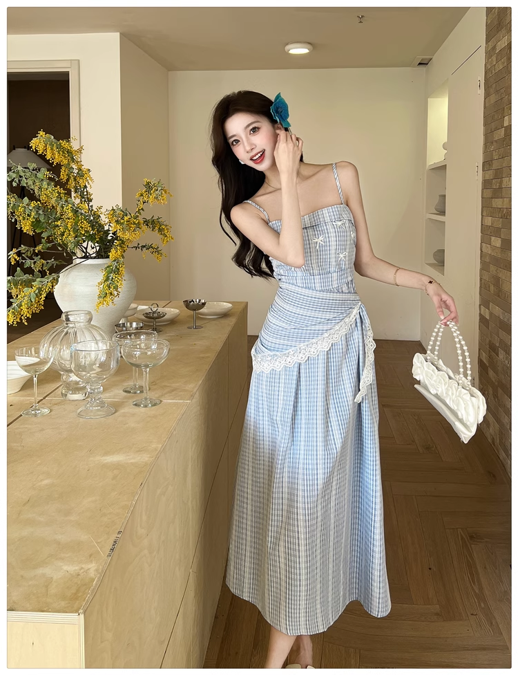 New Fashion Blue Stripe Design A-line Lace Spaghetti Strap Dress TP3384