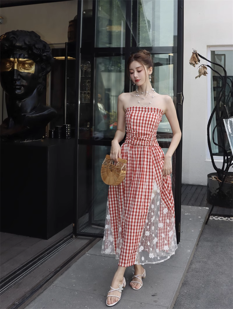 New Fashion Red Plaid Lace Patchwork Design Beach Holiday A-line Sleeveless Strapless Dress TP3378