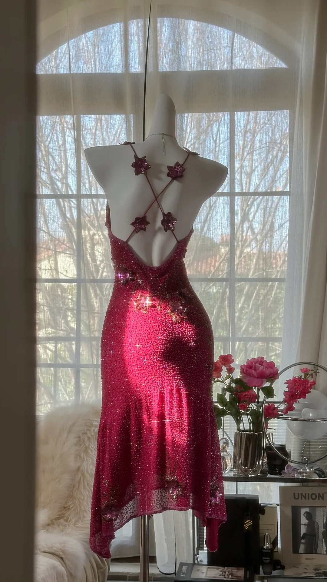 Vintage Shiny Sequin Rose Red Backless Design A-line Romantic Chiffon Evening Dress Prom Dress TP4008
